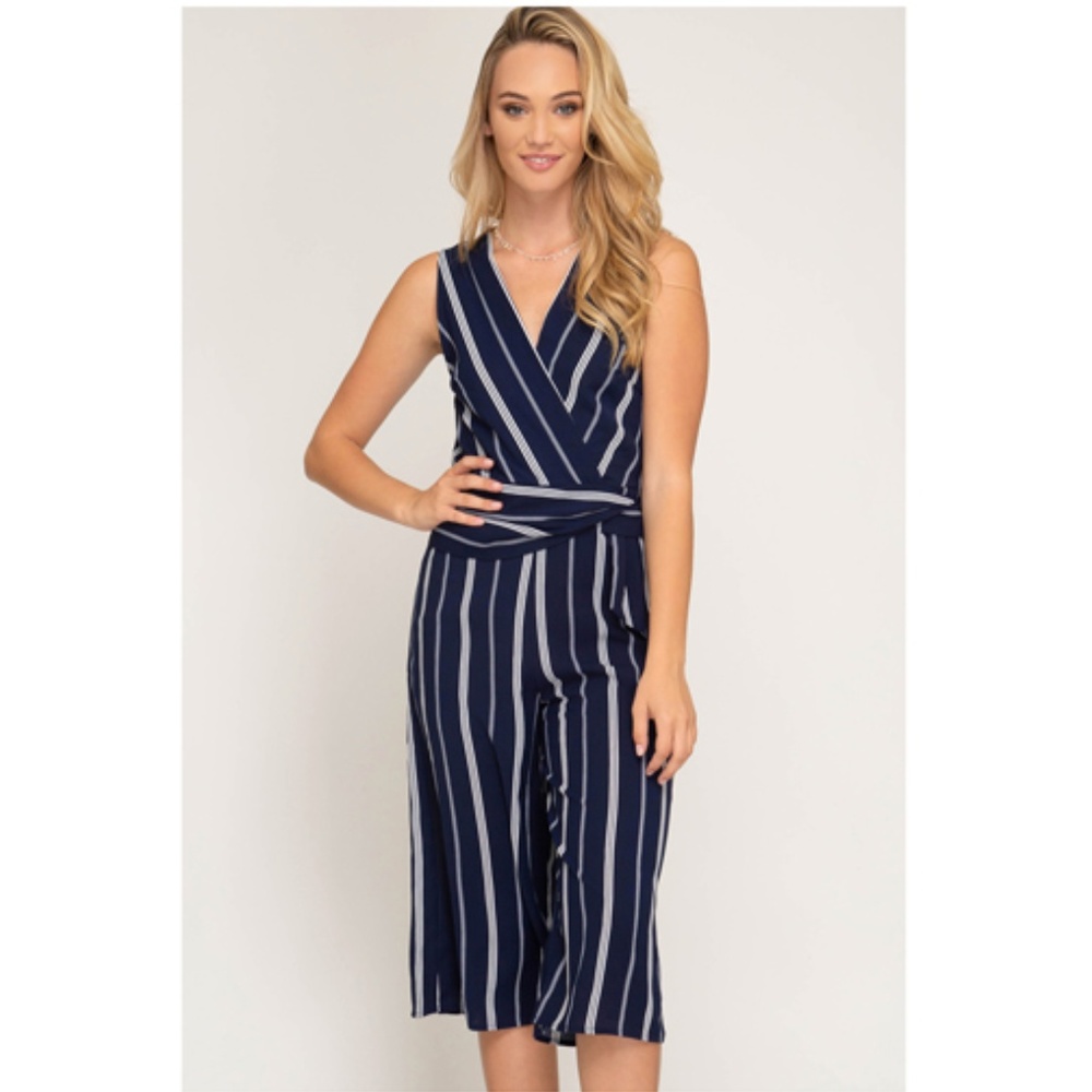 Navy Striped Tie Waist Lined Culotte Jumpsuit